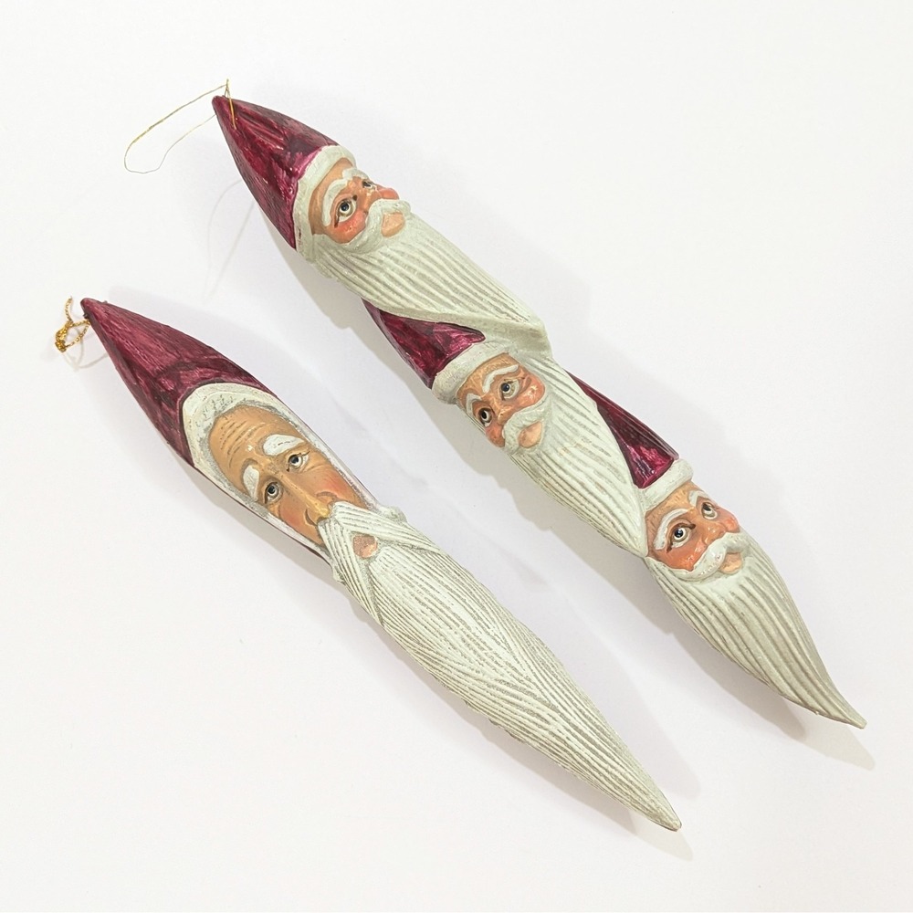 Vintage Santa Claus Long Beard Folk Art Style Ornaments 10" Resin Set of 2